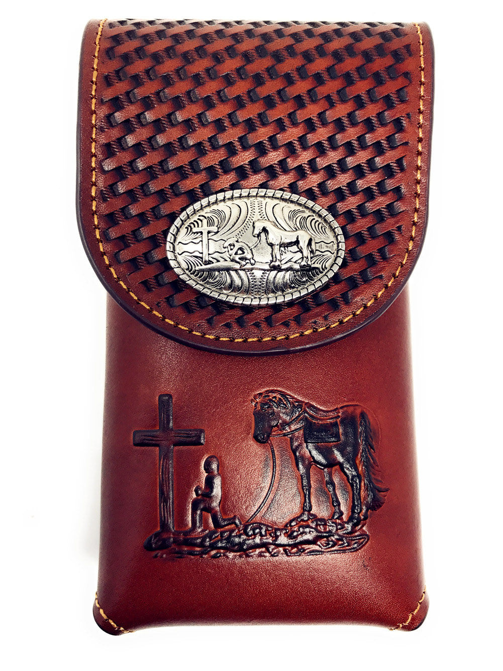 Western Cowboy Tooled Basketweave Leather Praying Cowboy Concho Cellphone Case