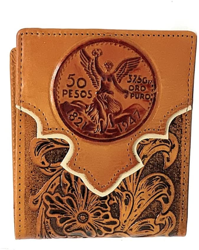 Thumbnail: Western Men's Leather Floral Laser Cut Mexican 50 Pesos Short Wallet in 5 colors