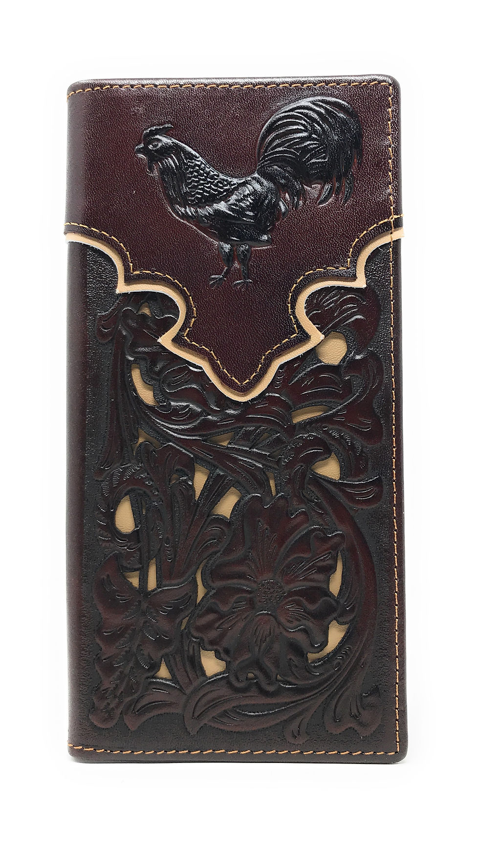 Thumbnail: Western Leather Rooster Tooled Laser Cut Men's Long Bifold Wallet in 4 colors