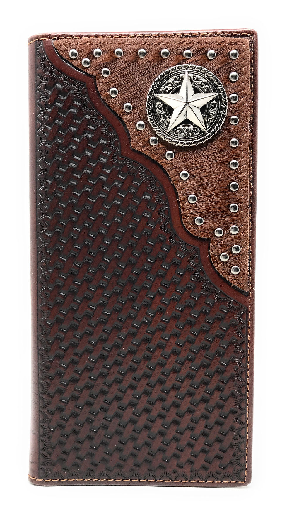 Thumbnail: Western Genuine Leather Cowhide Cow fur Basketweave Star Men Long Bifold Wallet