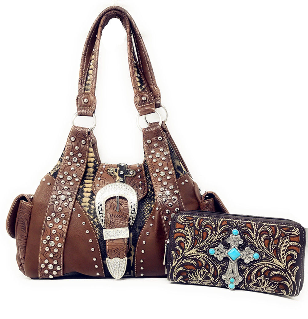 Western Rhinestone Cross Buclke Handbag Purse with Magnetic Closure / Wallet