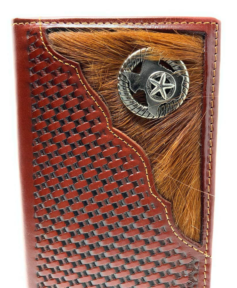 Thumbnail: Western Men's BasketweaveTexas State Map Cowhide Stud Bifold Wallet in 3 colors