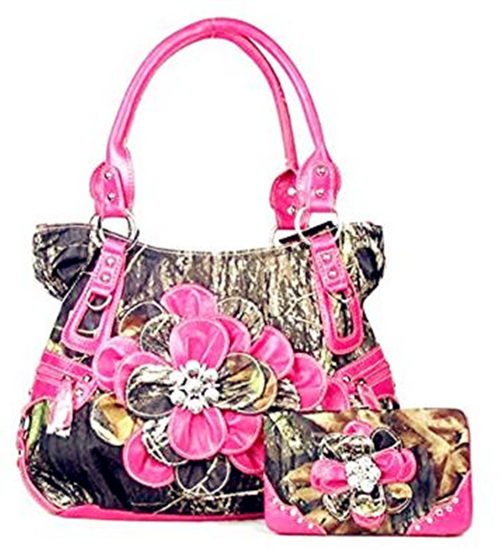 Western Pink Camouflage Flower Rhinestone Handbag Purse Large Wallet
