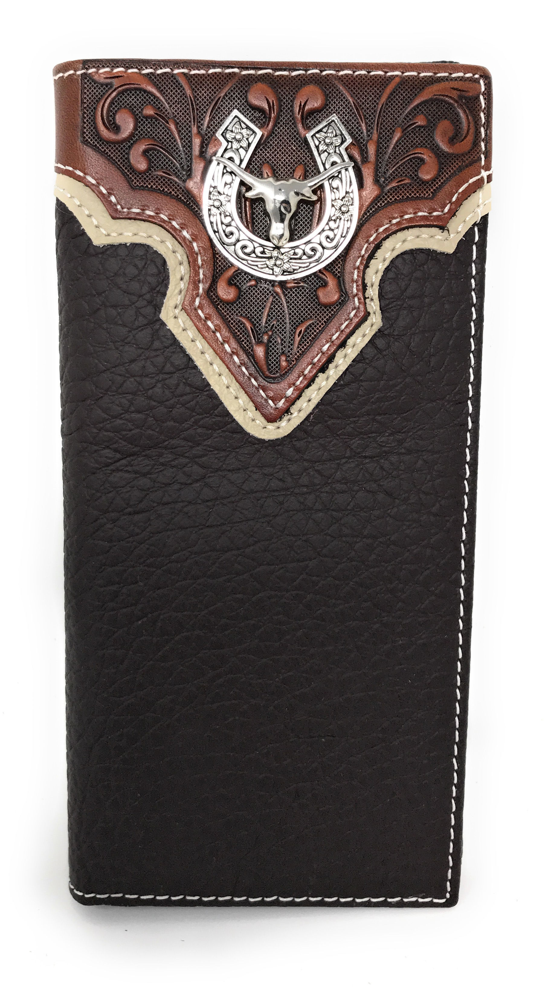Western Tooled Genuine Leather Longhorn Spur Men's Long Bifold Wallet in 2 color