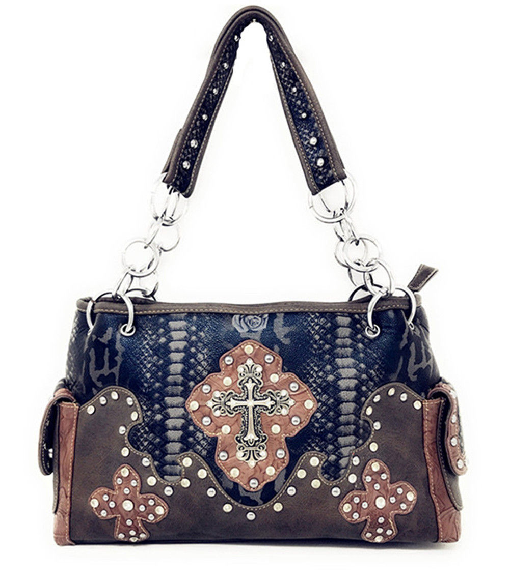 Premium Western Rhinestone Suede Leather Womens Handbag Purse With Cross