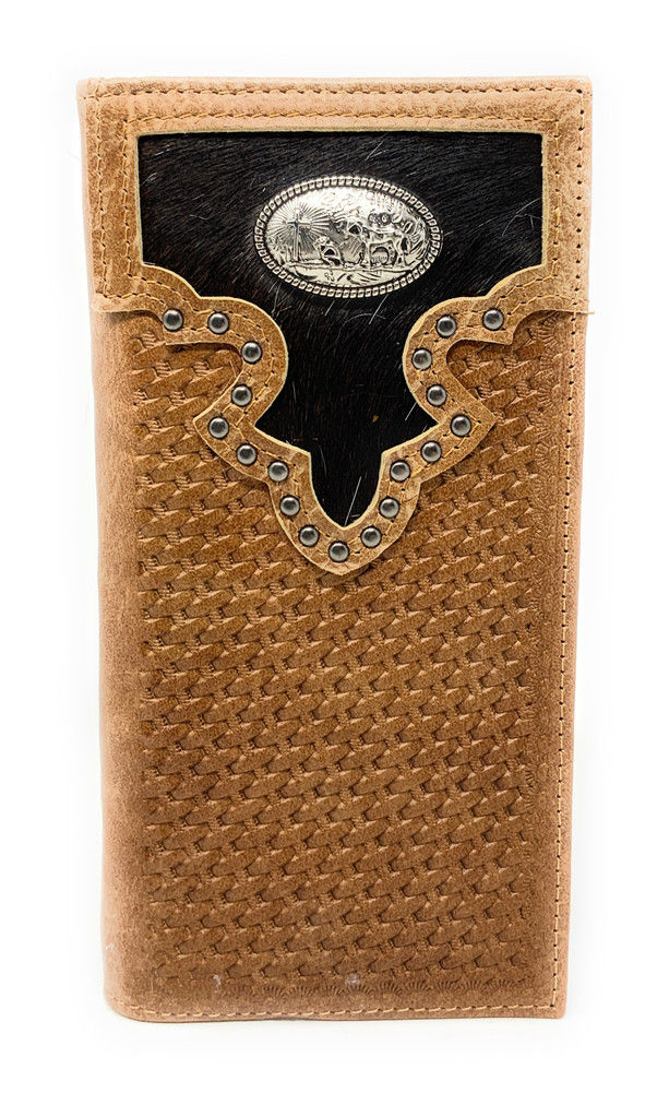 Western Men's Cow Fur Genuine Leather Basketweave Praying Cowboy Bifold Wallet