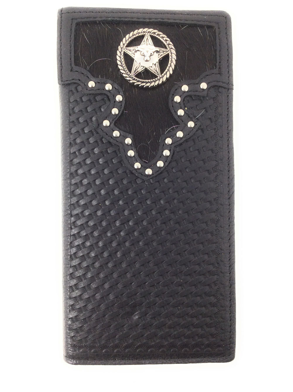 Cow Fur Tooled Genuine Leather Basketweave Longhorn Star Mens Bifold Wallet