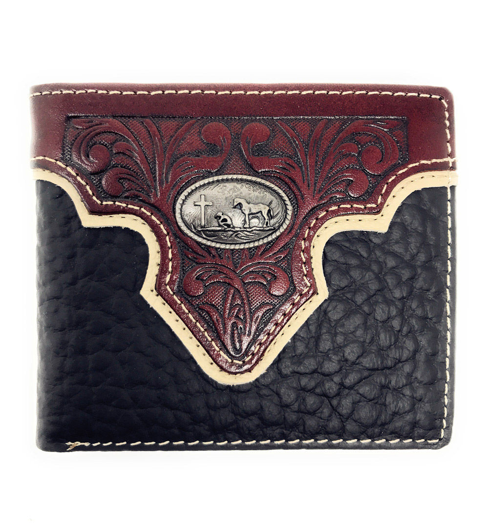 Western Genuine Leather Floral Tooled Longhorn Concho Mens Short Bifold Wallet