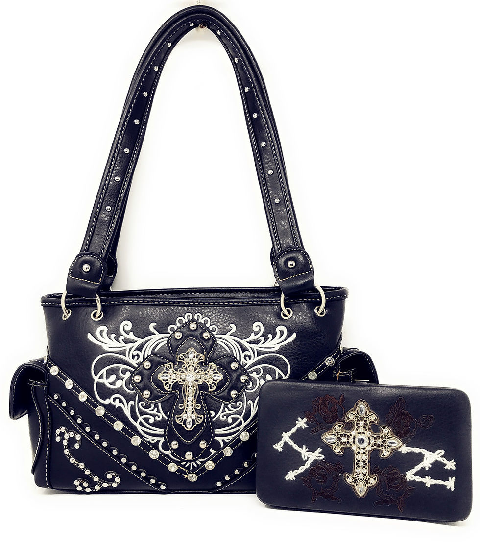 Thumbnail: Premium Rhinestone Cross Western Embroidered Concealed Carry Handbag/Wallet Set