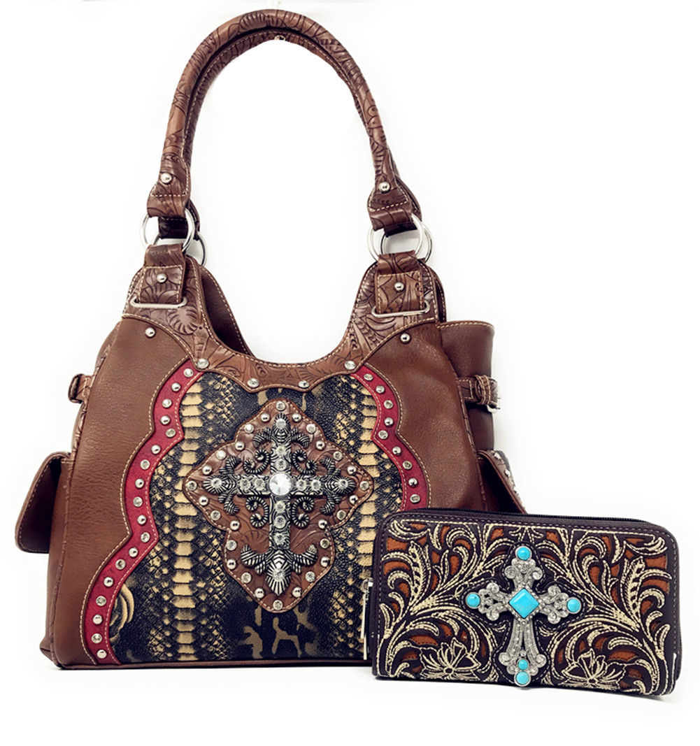 Rhinestone Studded Cross Flower Concealed Carry Shoulder Handbag Purse /Wallet