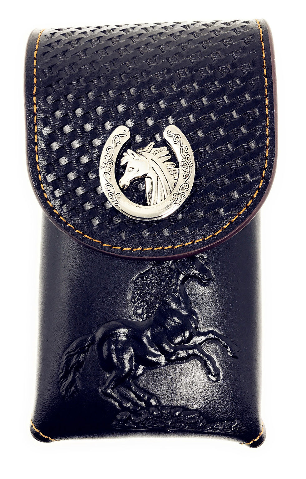 Thumbnail: Western Cowboy Tooled Basketweave Leather Horse Concho Belt Loop Cellphone Case