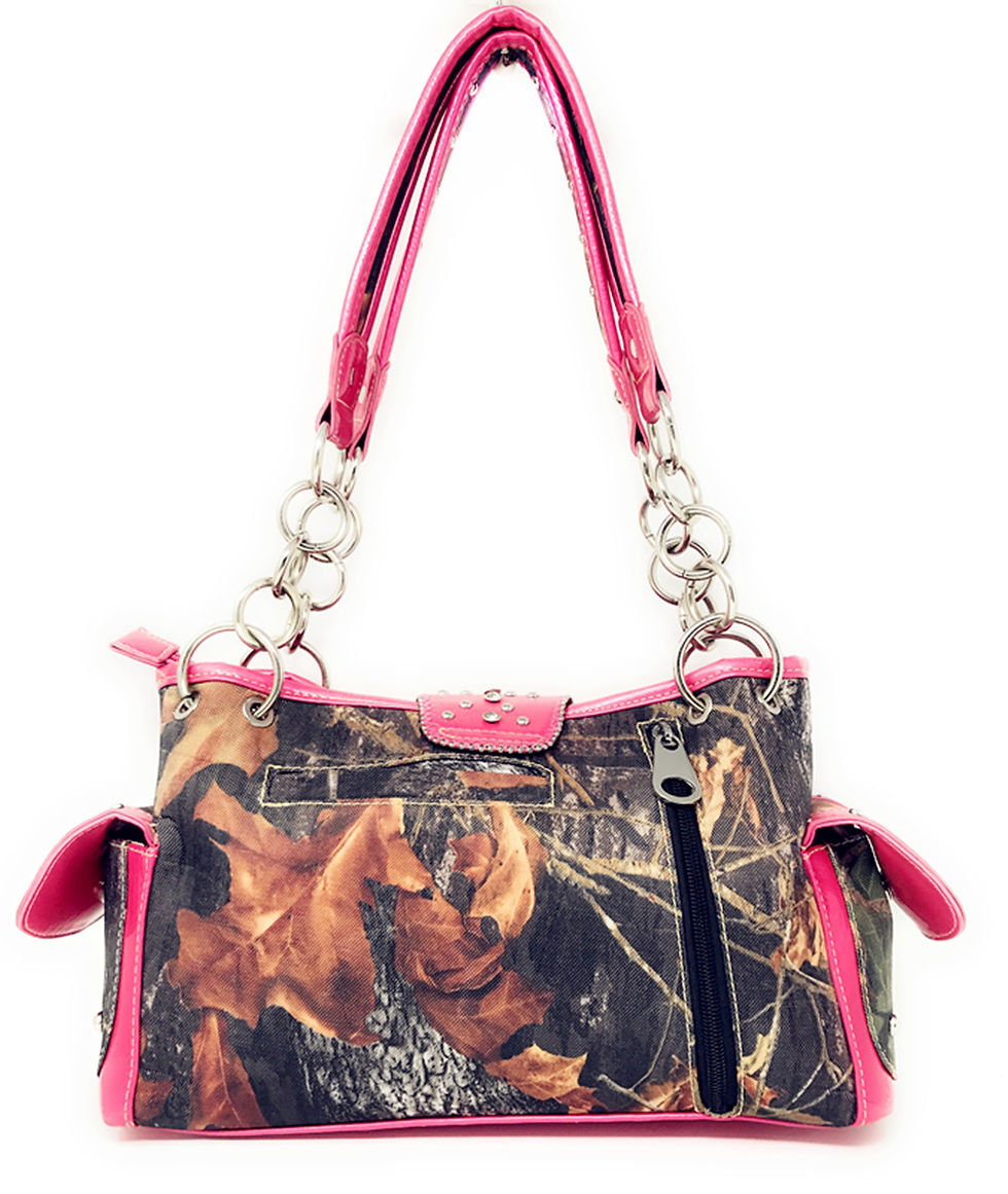 Thumbnail: Rhinestone Belt Buckle Concho Concealed Carry Camouflage Leather Handbag Purse