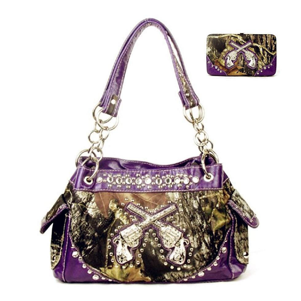 Thumbnail: Western Handbag Camouflage Gun Pistol Pocket Camo Rhinestone Purse / Wallet Set