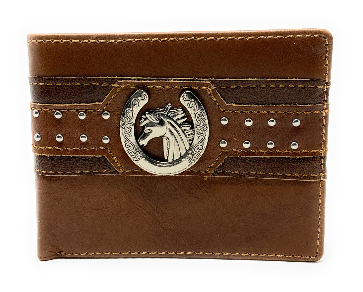 Western Genuine Leather Mens Metal Concho Horse Head Bifold Short Wallet