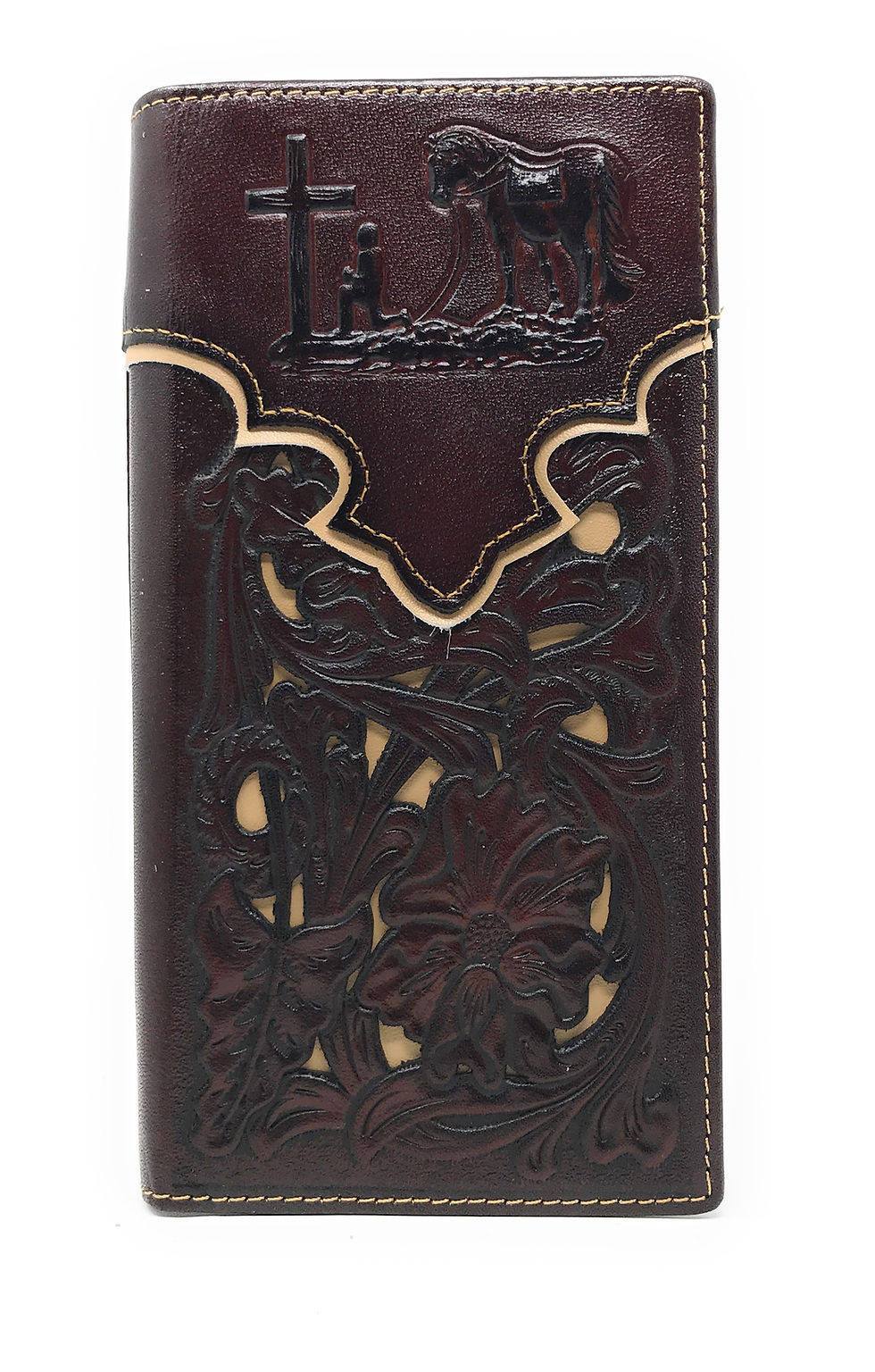 Thumbnail: Western Genuine Leather Praying Cowboy Tooled Laser Cut Men's Long Bifold Wallet