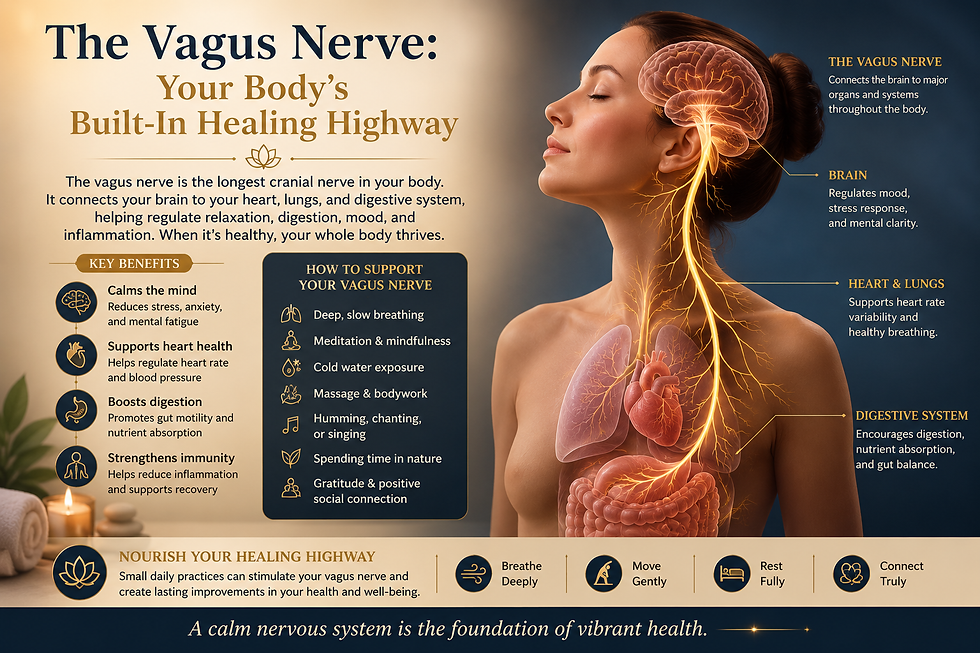 Illustration of the human vagus nerve connected to the brain and body, symbolising relaxation, stress relief, healing, and mind-body wellness.