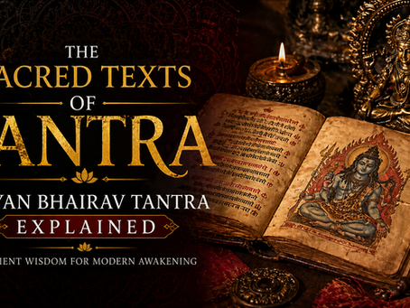 Illustration of Vigyan Bhairav Tantra teachings showing meditative awareness, spiritual energy flow, and ancient tantric symbolism