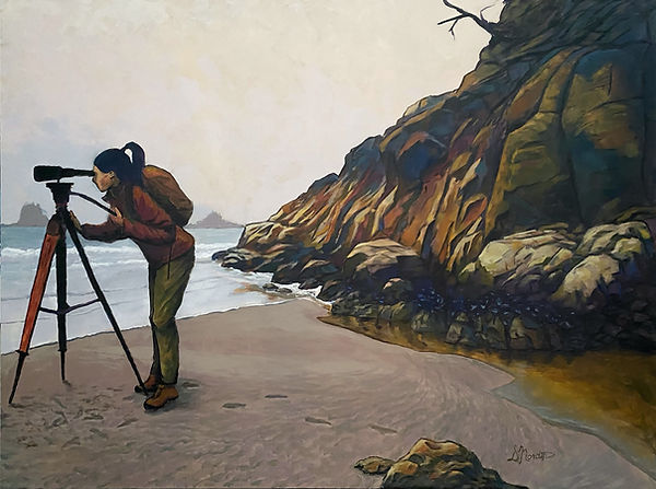 Artwork: Painting of Young woman with small backpack using binoculars on tripod to study misty shorelinge of the Pacific Northwest