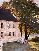 Artwork: Plein Air painting by artist Dan Nordin of Cream coloured Craigflower School at beginning of Autumn, Victoria, Vancouver Island