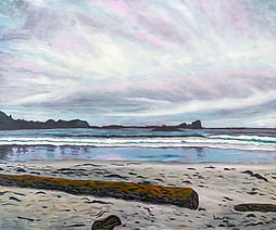 Artwork: Painting of Calvert Island sandy beach with driftwood logs and pinkish clouds