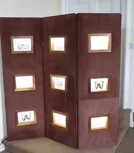 Thumbnail: Brown display board with nine framed prints, each with text inside.