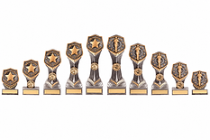 Set of ten silver and gold achievement awards featuring human figure emblems on bases of increasing heights