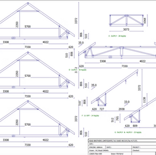 Technical drawings of various roof TRUSSES with detailed dimensions and specifications.