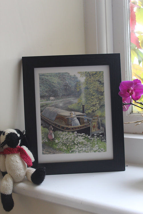 Thumbnail: Framed print on windowsill with a plush toy and pink orchid Wind in the Willows old prints