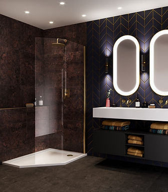 Modern bathroom with a shower, mirrors, and vanity; interior design.