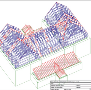 3D architectural drawing of complex roof trusses by Wood Roof Trusses Ltd.