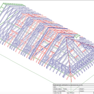 3D CAD drawing of a complex roof truss system layout.