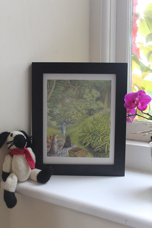 Thumbnail: Framed print on windowsill with toy and orchid; Wind in the Willows old prints.