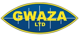 Logo for GWAZA LTD, blue oval shape with yellow text.