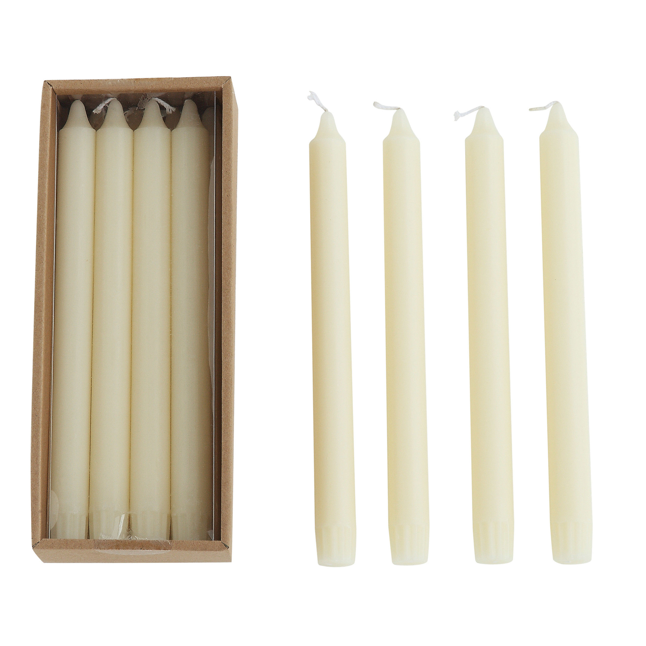Ribbed ivory pillar candles in a box and a white background