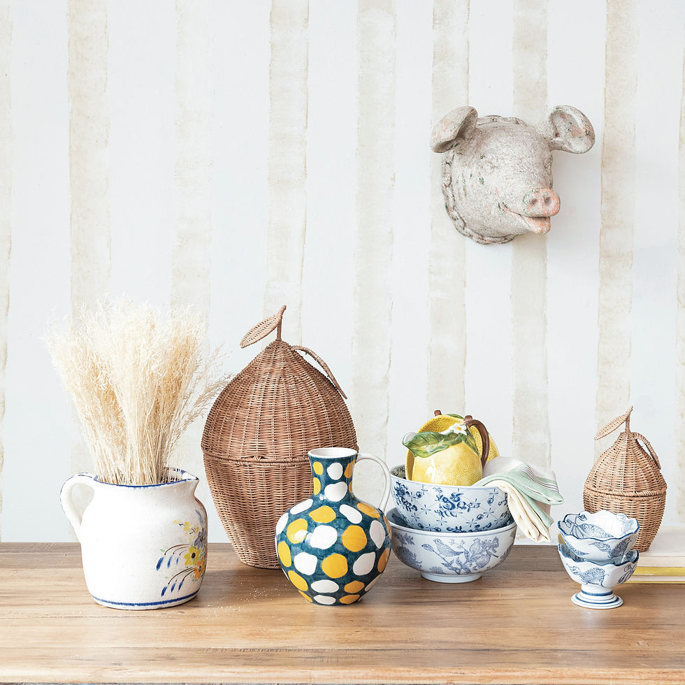 Thumbnail: A collection of small vases and pottery, including one blue and white patterned piece.