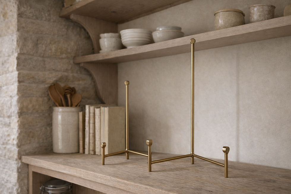 Thumbnail: Minimalist wooden shelving over a white countertop with neutral-toned decorative ceramics.