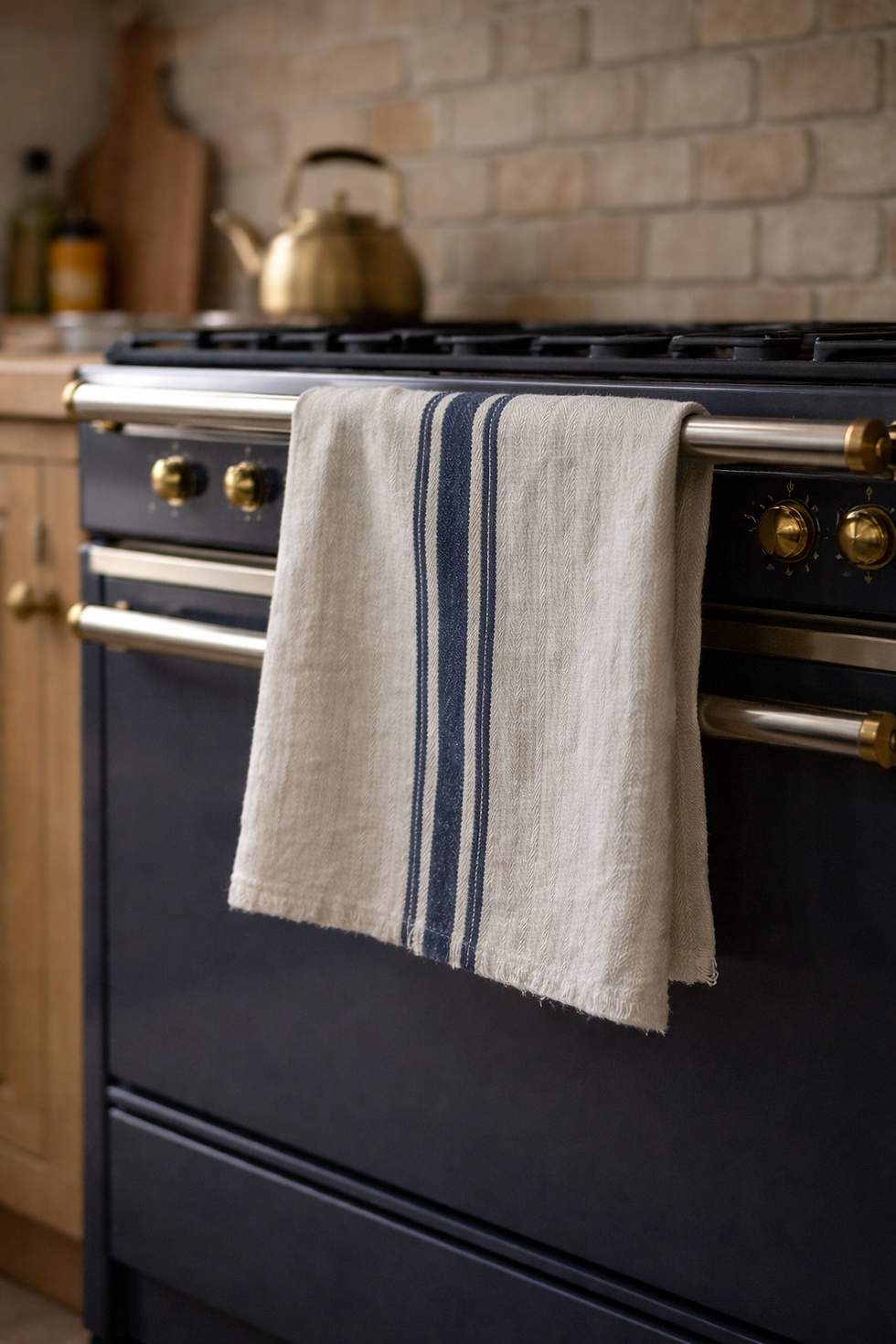 Thumbnail: Heritage Indigo Grain Stripe Towel on oven handle