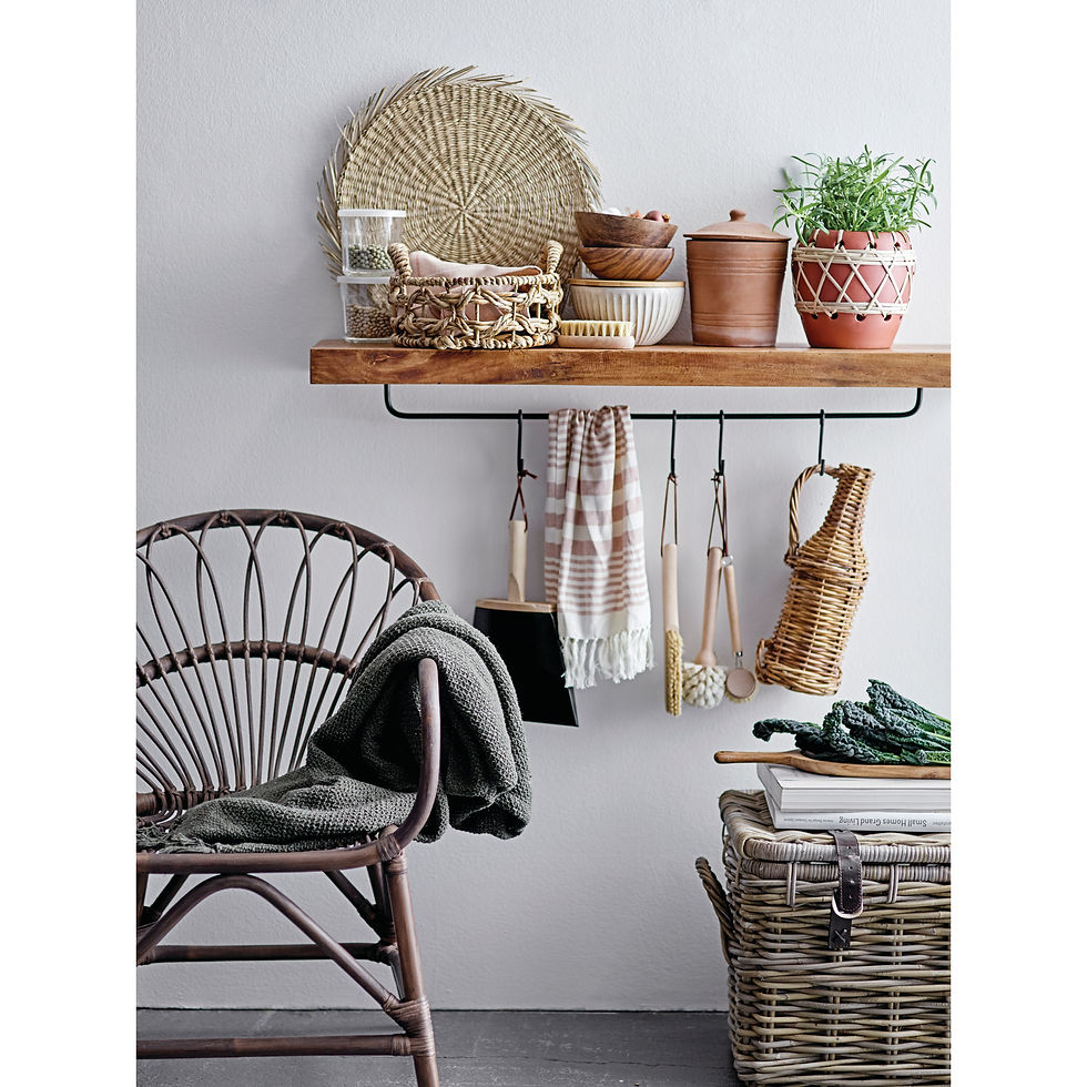 Thumbnail: Rustic kitchen or potting area with a wicker chair, wall-mounted shelf, hanging baskets, and various wooden cleaning tools.