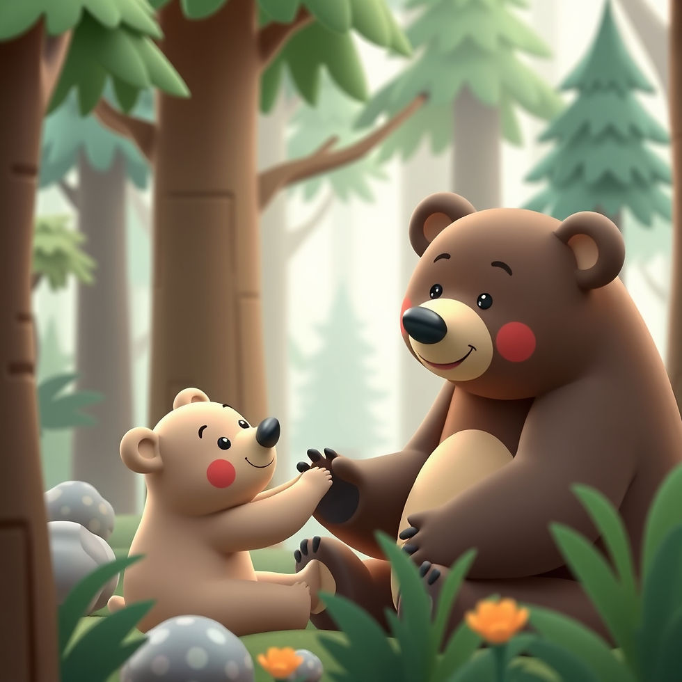 Cute bear and cub holding paws in a misty forest, smiling among pine trees and flowers.