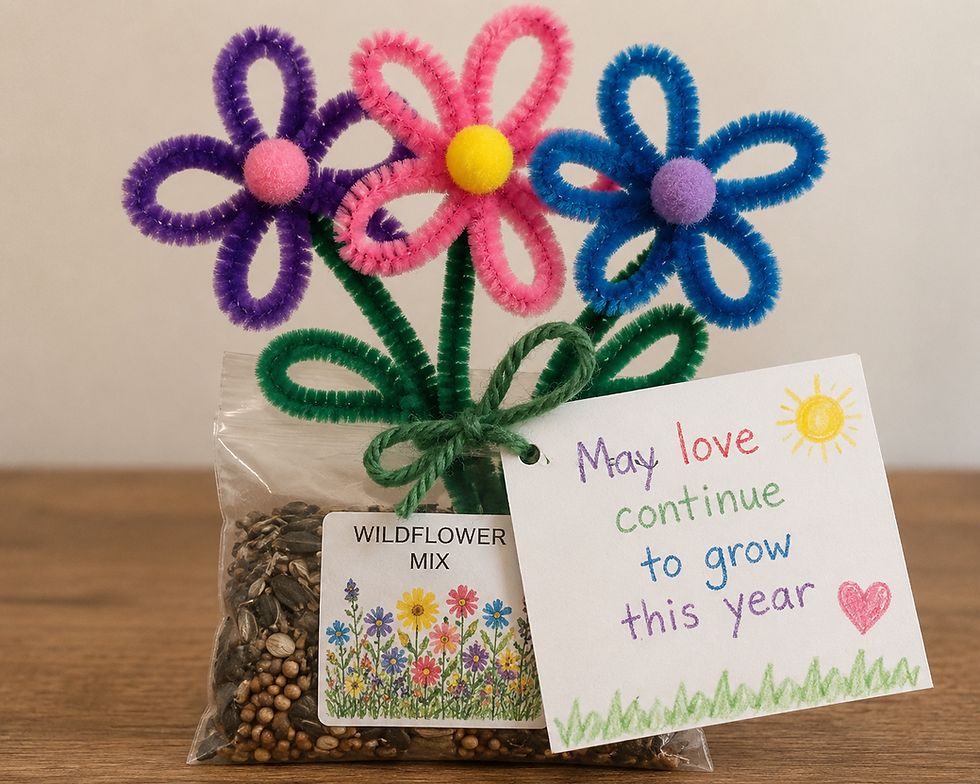 Colorful pipe cleaner flowers in a bag of Wildflower Mix seeds. A note reads, "May love continue to grow this year" with a sun and heart. Mothers day craft