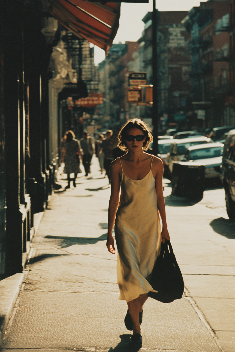 Tribeca, summer. The silk moves with her. Everything else stays still.