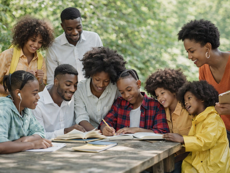 A group of people, including children and adults, gather happily around a picnic table with books in a green, wooded area, forming a homeschooling cooperative.