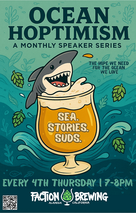 Ocean Hoptimism and Faction Brewery Collaborative Logo - Whimsical shark in a drinking glass as if sitting in a hot tub.