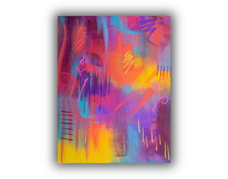 A completed abstract artwork on canvas from the 'Wake Up' series by Chalice Meikle. This series is inspired by the artist's meditative experience outdoors. Chalice used various techniques and materials including flashe, acrylic paint, paint marker, brushes, nail polish, spatula, stencils, and spray paint. The artwork features layered hues and squiggles of yellow, traffic cone orange, sky blue, purple, grass green, burgundy and fire engine red with yellow and burgundy paint markings on top.
