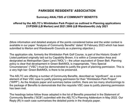 Summary Analysis of Community Benefits Offered by the AELTC’s Wimbledon Park Project
