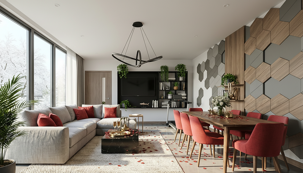 Firefly_Gemini Flash_Wnętrze salonu z widokiem za knami na zimową scenerię. Na sofie czerw