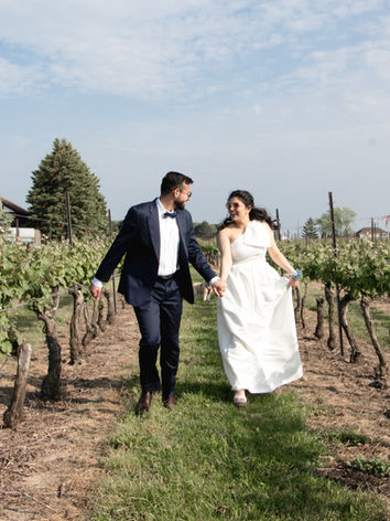 Couple walking through vineyard rows; bride lifts her dress train, sunny sky above.