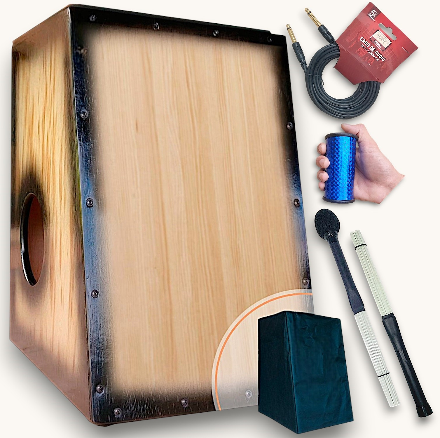 Cajón Elétrico Natural Madeira Especial+Kit Percussão Completo
