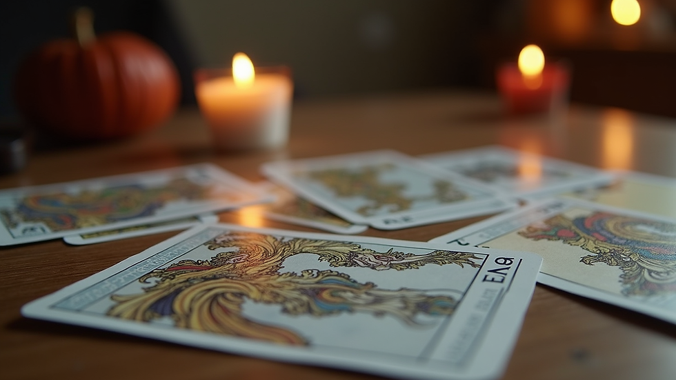 Close-up view of a tarot card spread on a table