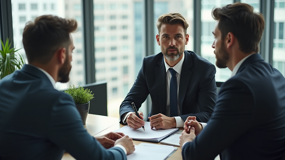 High angle view of businessmen discussing financial strategy in an office